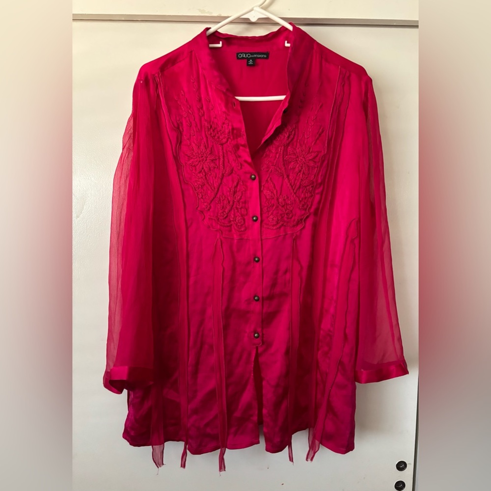 Vibrant Pink Silk Blouse with Embroidered Details sheer sleeves Women’s 16